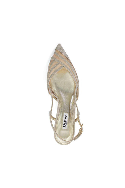 Gold pointed-toe slingback heeled sandal with crisscross straps and metallic finish