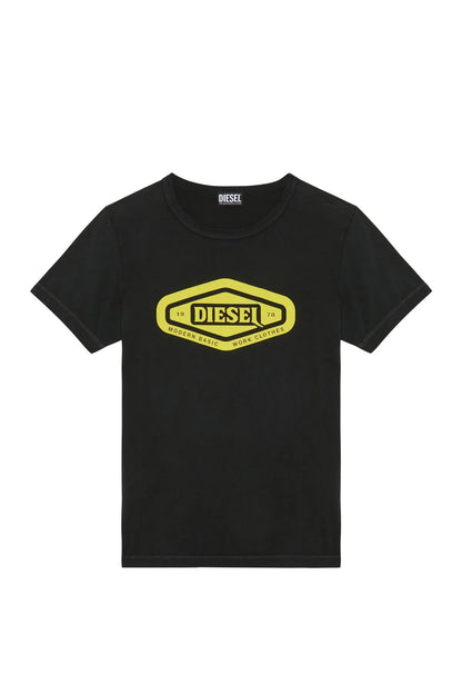 Black Diesel crew-neck T-shirt with centered yellow oval logo graphic