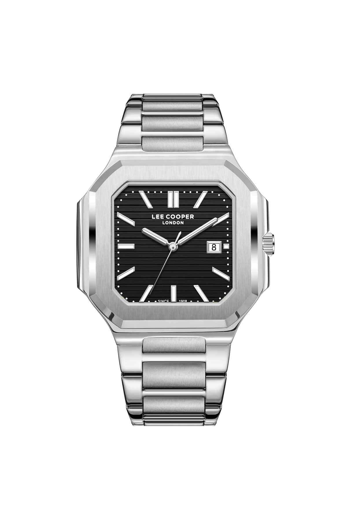 Lee Cooper silver watch with black dial and metal link bracelet, rectangular case