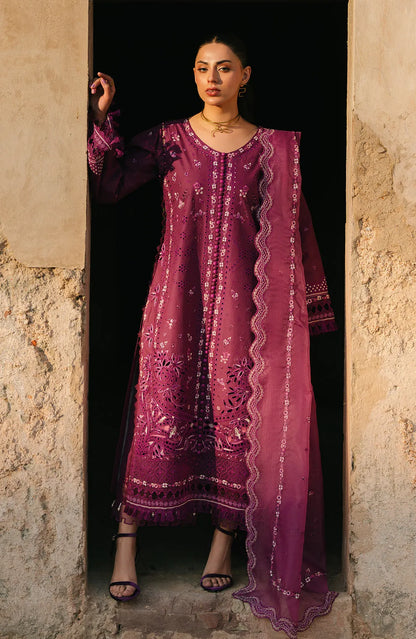 Purple long-sleeve embroidered dress with crew neckline, scalloped front panel