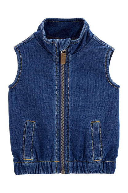 Blue denim sleeveless vest with full zipper and flap pockets