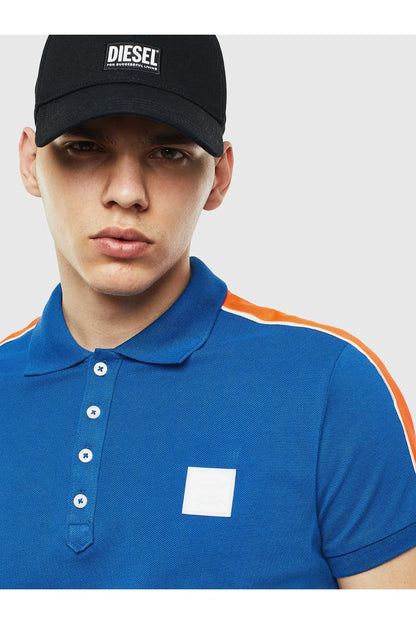 Diesel blue polo shirt with orange side stripe and chest logo patch
