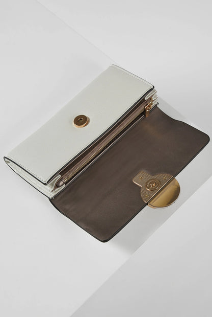 White leather clutch with brown lining, fold-over flap and dual zip pockets