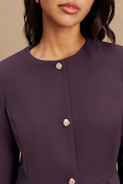 Dark purple blazer with crew neckline and gold round buttons