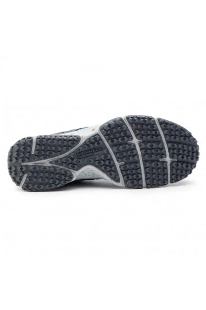 Teal trail shoe outsole with dark tread pattern and segmented grip lugs