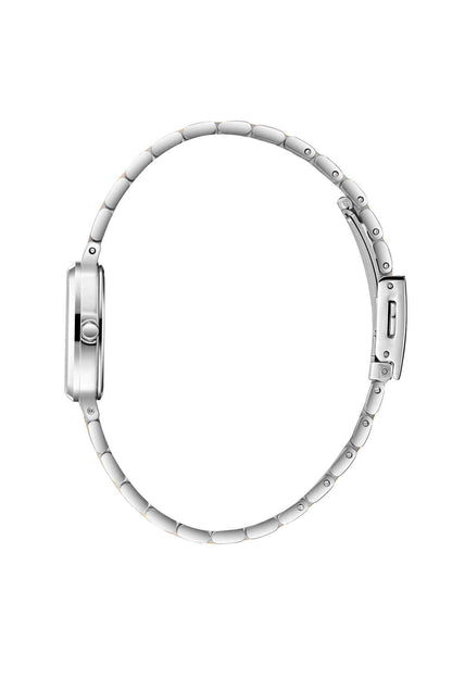 Silver metal wristwatch with rounded case profile and link bracelet, side view