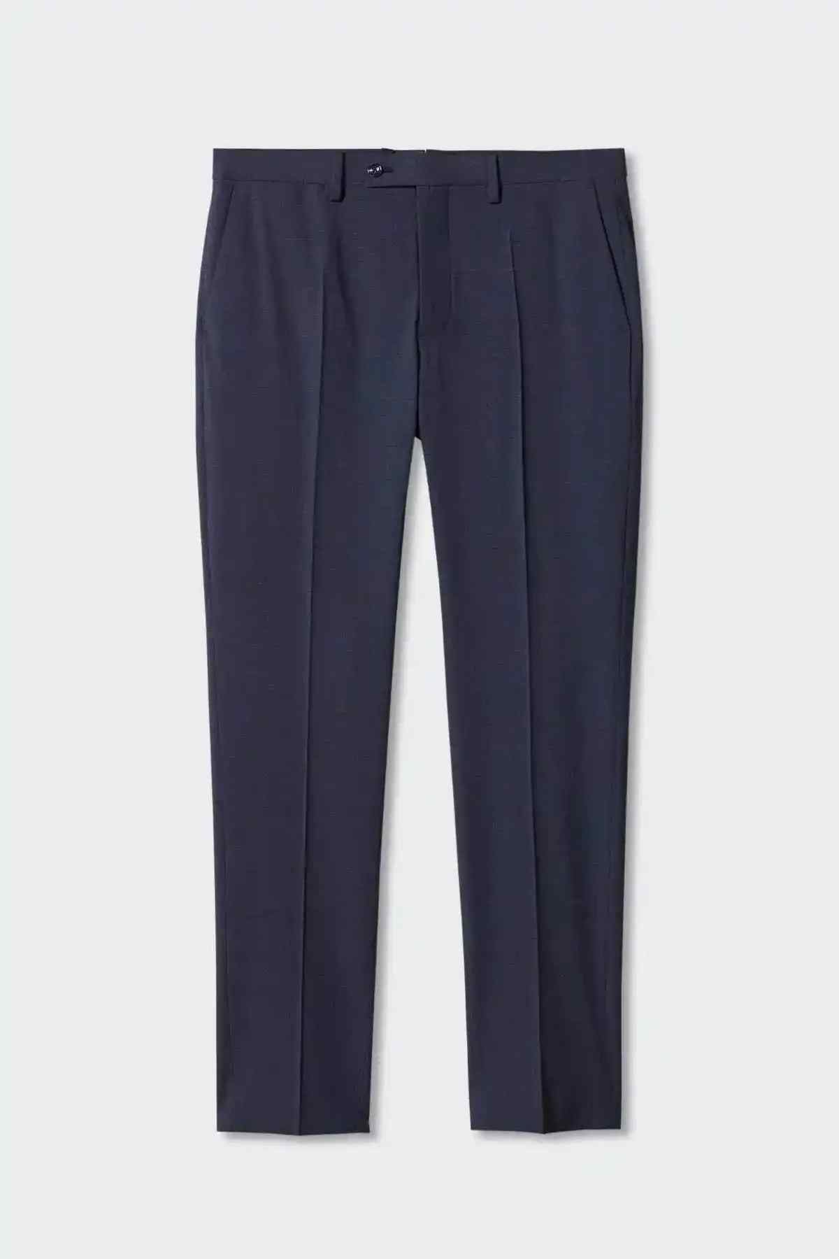 Men's indigo blue dress trousers flat lay with pleats and belt loops