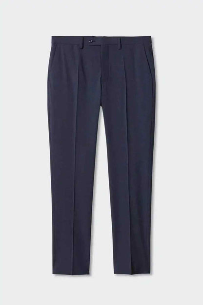 Men's indigo blue dress trousers flat lay with pleats and belt loops