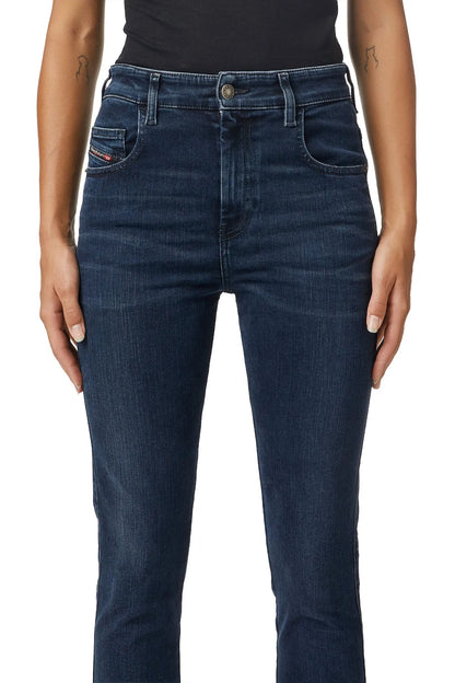 Diesel blue skinny jeans with belt loops, button closure, and curved pockets