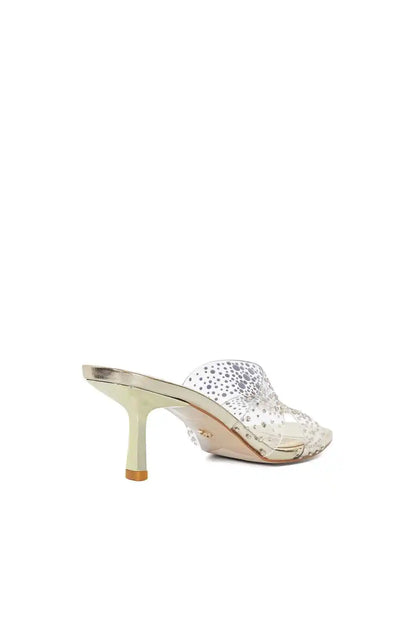 Gold embellished heeled mule with pointed toe and slim stiletto heel