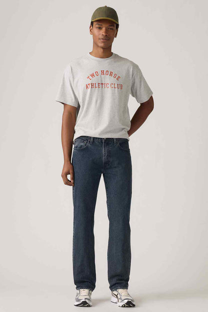 Levi's blue straight-leg jeans, mid-rise, five-pocket style with belt loops