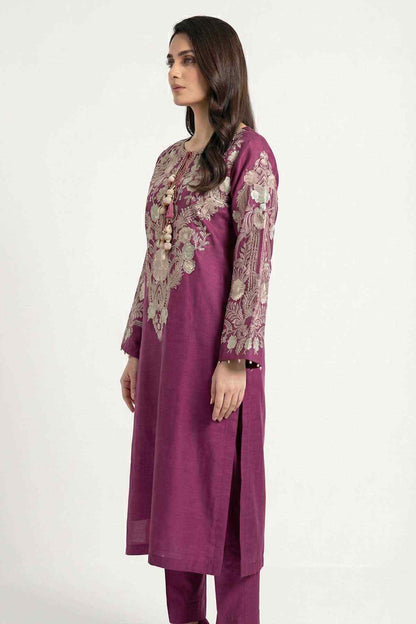Plum embroidered kurta and slim pants set with long sleeves and side slit.