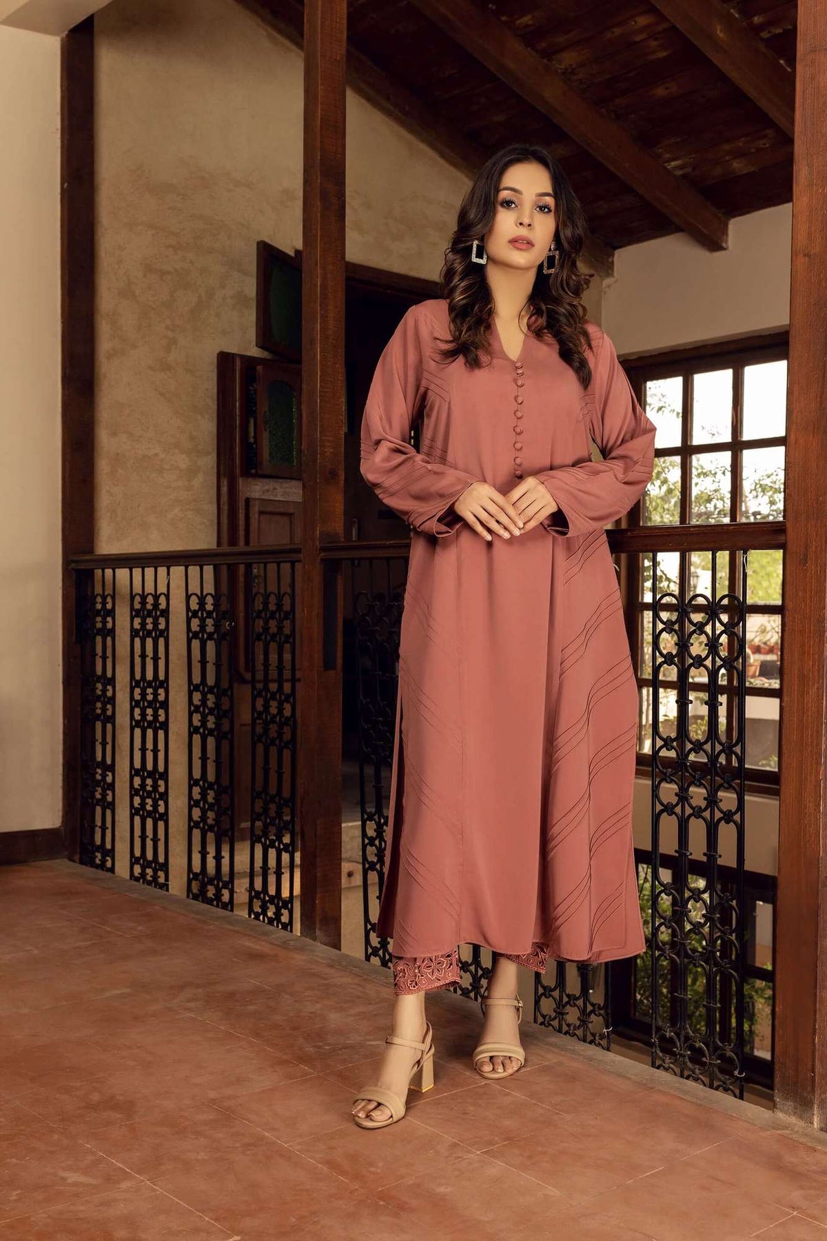 Pink velour long dress with button front and lace-trim hem, long sleeves
