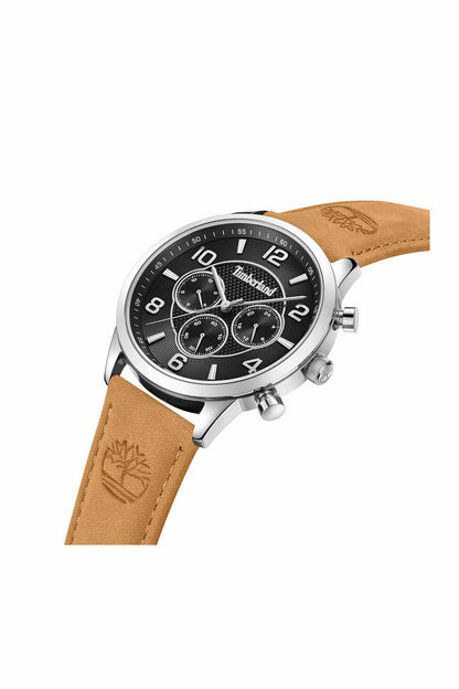 Timberland men's wristwatch with black dial, silver case, tan leather strap and round pushers