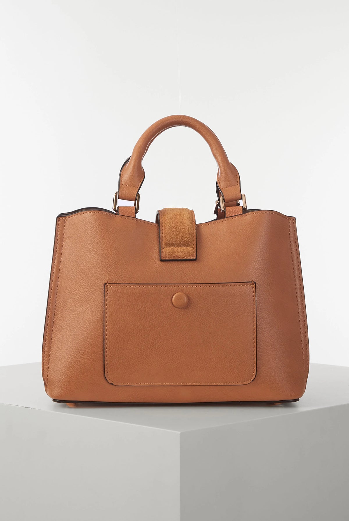 Luella Grey brown structured handbag with square front pocket and top handles