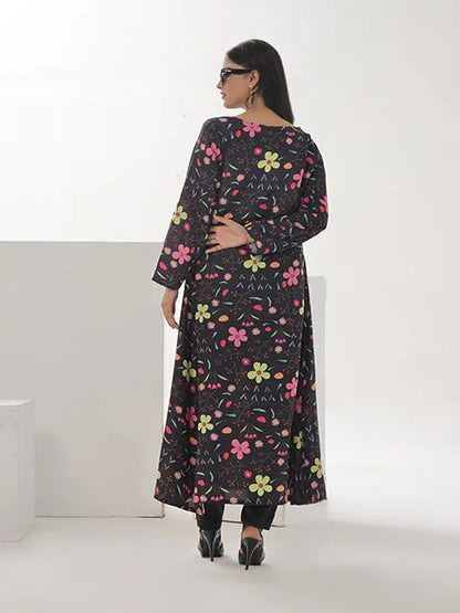 Women's long-sleeve maxi dress with colorful floral print, dark base, back view