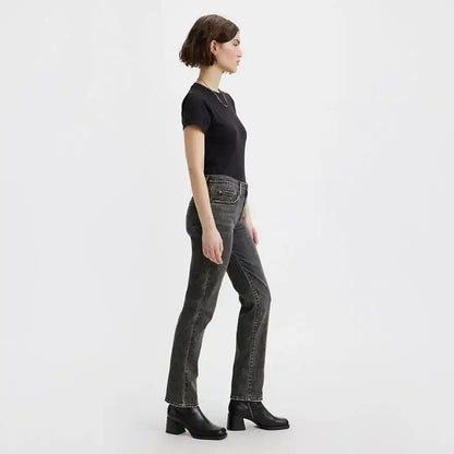 Dark grey straight-leg jeans with belt loops and five-pocket design