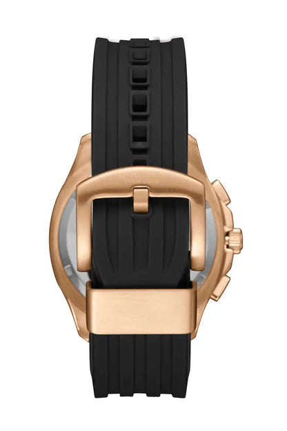 BHPC gold-tone caseback wristwatch with black rubber strap