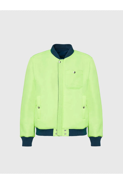 Lime green bomber jacket with zip front, stand collar, and button pockets