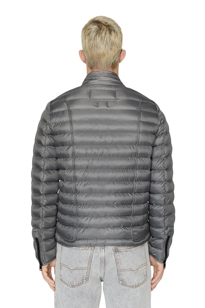 Diesel grey quilted puffer jacket back view with stitched paneling and rear silhouette