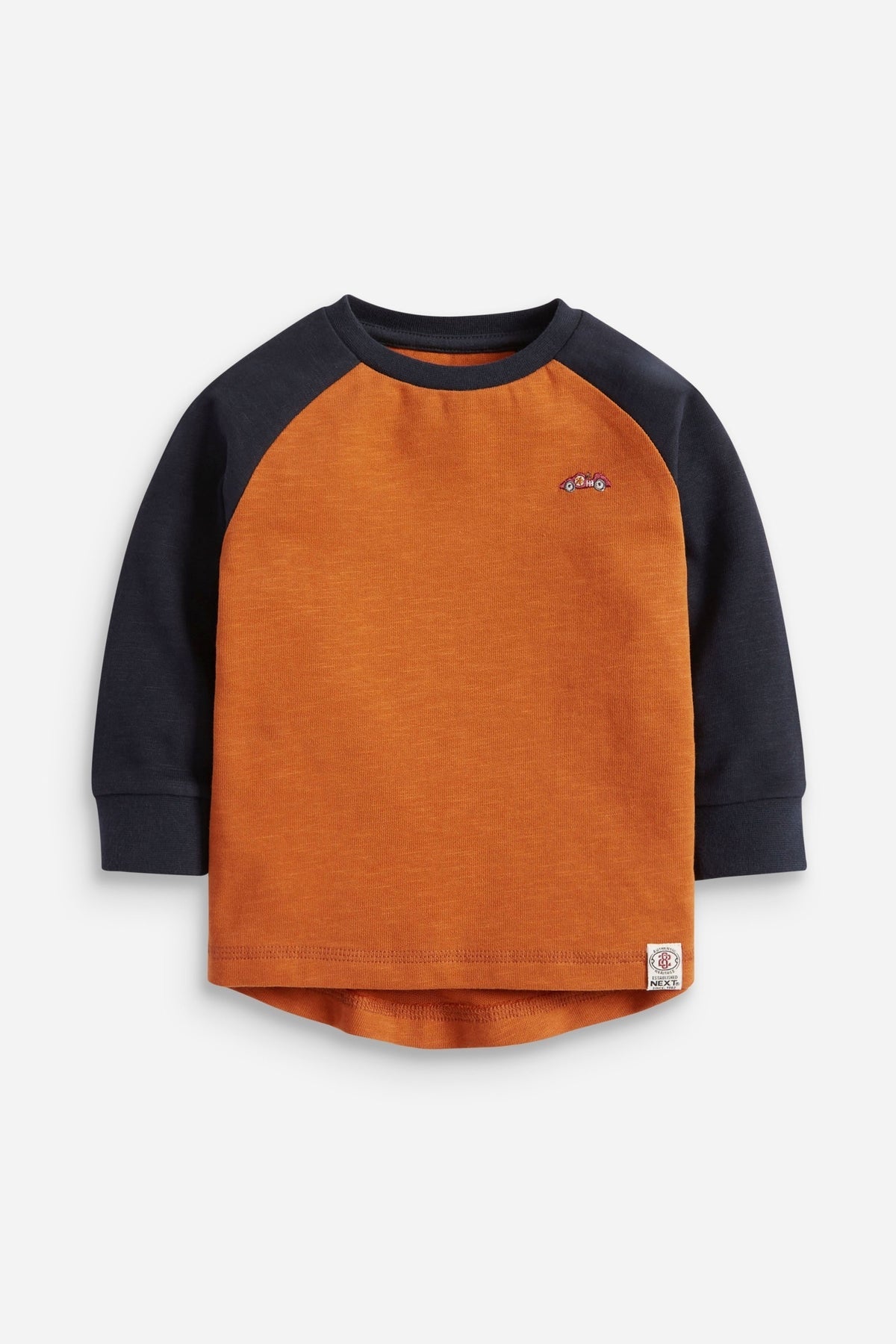 Orange long-sleeve raglan T-shirt with dark sleeves and crew neck