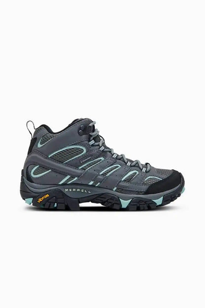 Merrell hiking shoes in dark gray with teal accents, lace-up, rubber outsole