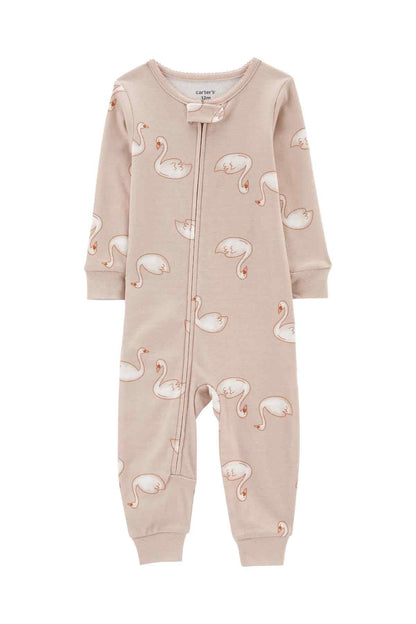 Kids' beige zip-front pajama onesie with swan print, long sleeves, footed