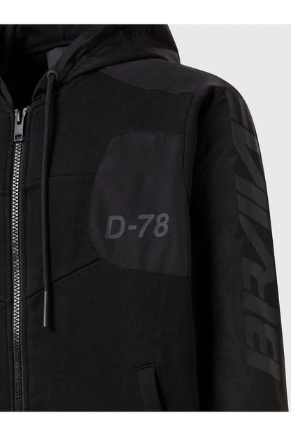 Diesel black zip hooded jacket with D-78 sleeve logo and textured panel detail