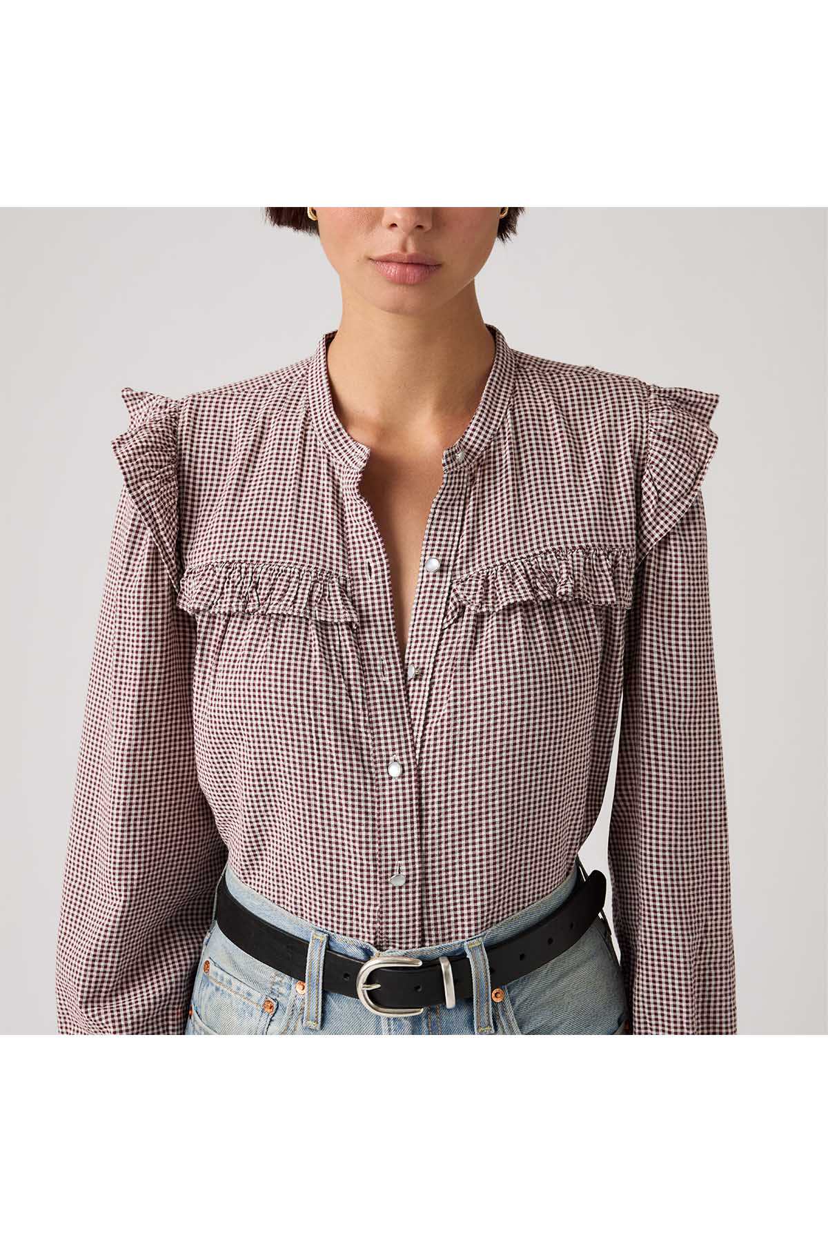 Gingham button-up blouse with ruffled shoulders and button placket, mauve check