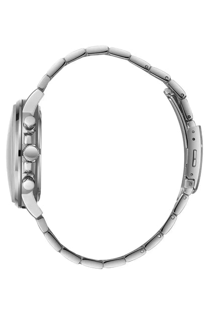Two-tone metal wristwatch case and link bracelet, side profile