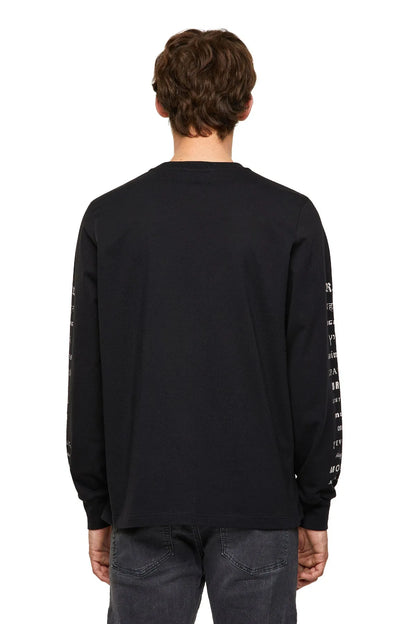 Black long-sleeve crew-neck T-shirt with back print and text on sleeves