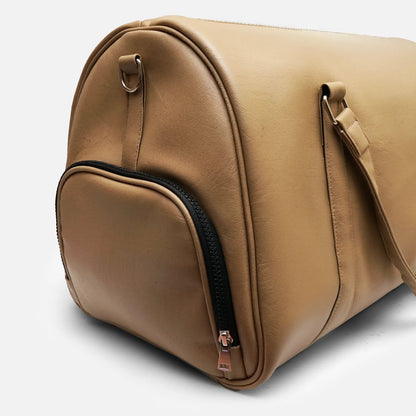 Tan leather-look duffel bag end view with zip pocket and metal zipper pulls