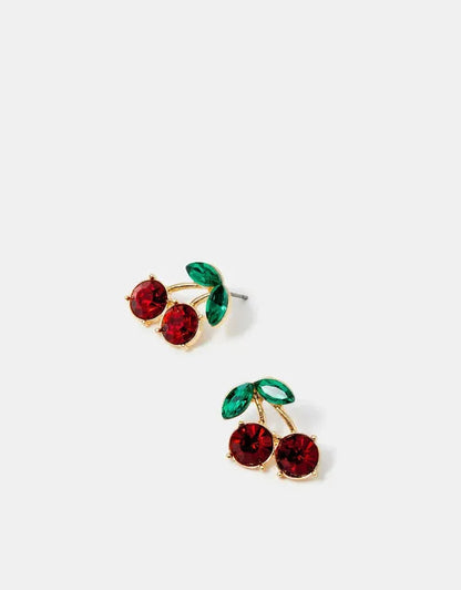 Cherry-style cluster earrings, gold-tone studs with red stones and green leaf accents