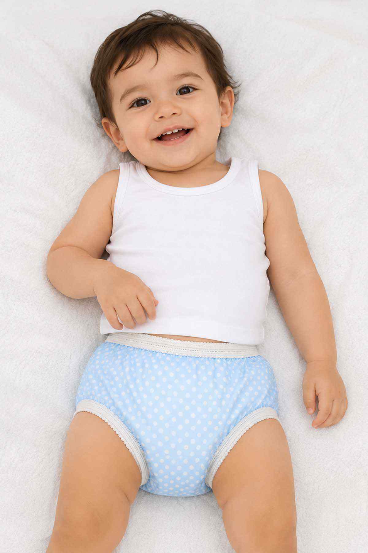 Baby blue dotted underwear set with white-trim elastic waistband