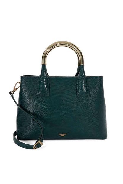 Dark green structured tote bag with top handles, gold trim, and Dune London logo