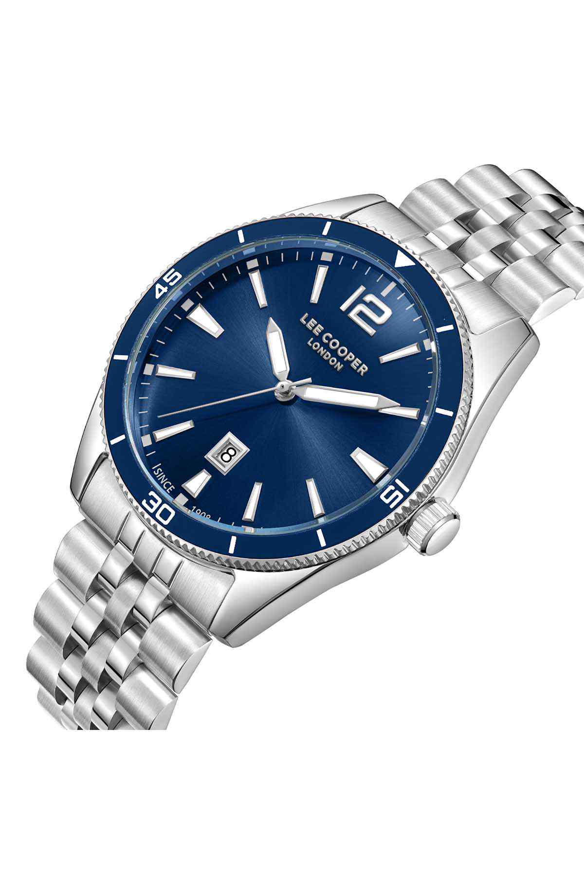 Lee Cooper blue dial stainless steel wristwatch, round case with crown and bracelet links
