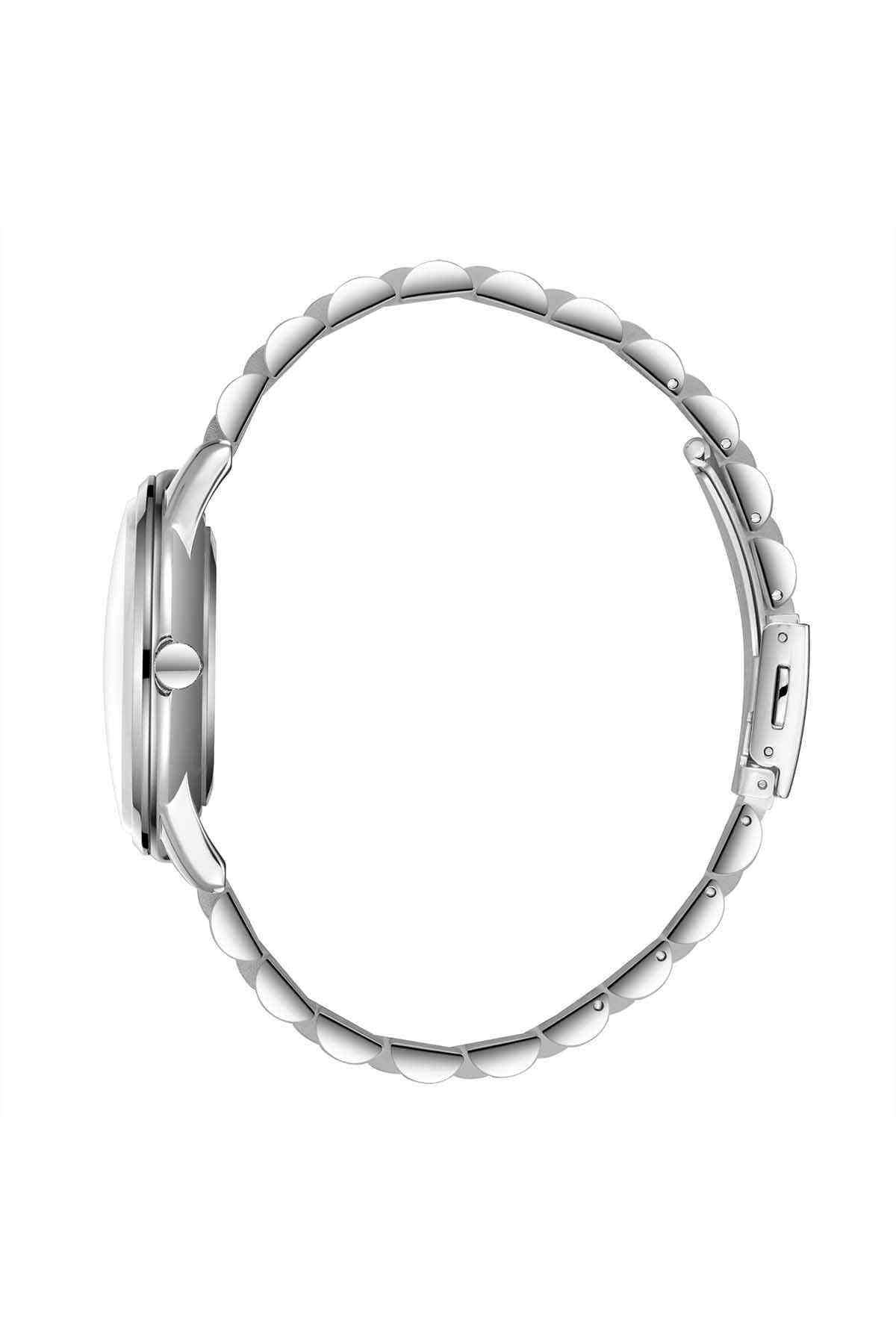 Lee Cooper silver stainless steel wristwatch, side profile with linked metal bracelet