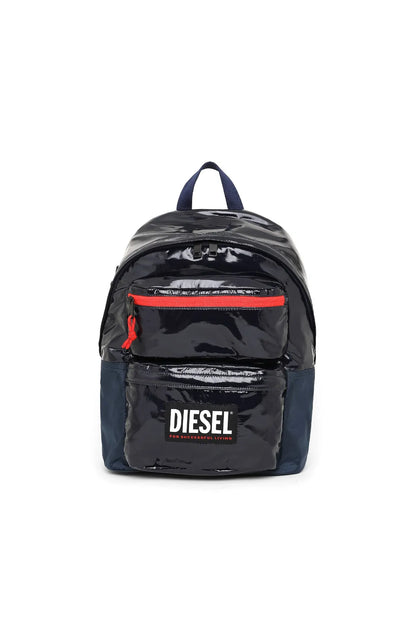 Diesel glossy mini backpack, black with red zipper accents and front logo patch
