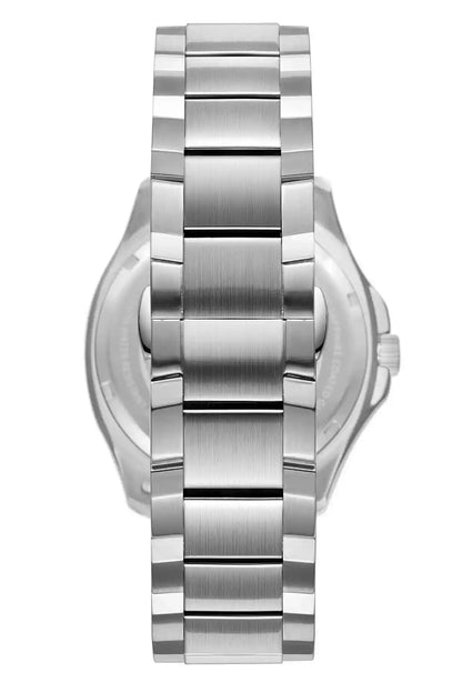 Silver metal wristwatch view from above, round case with crown and bracelet links