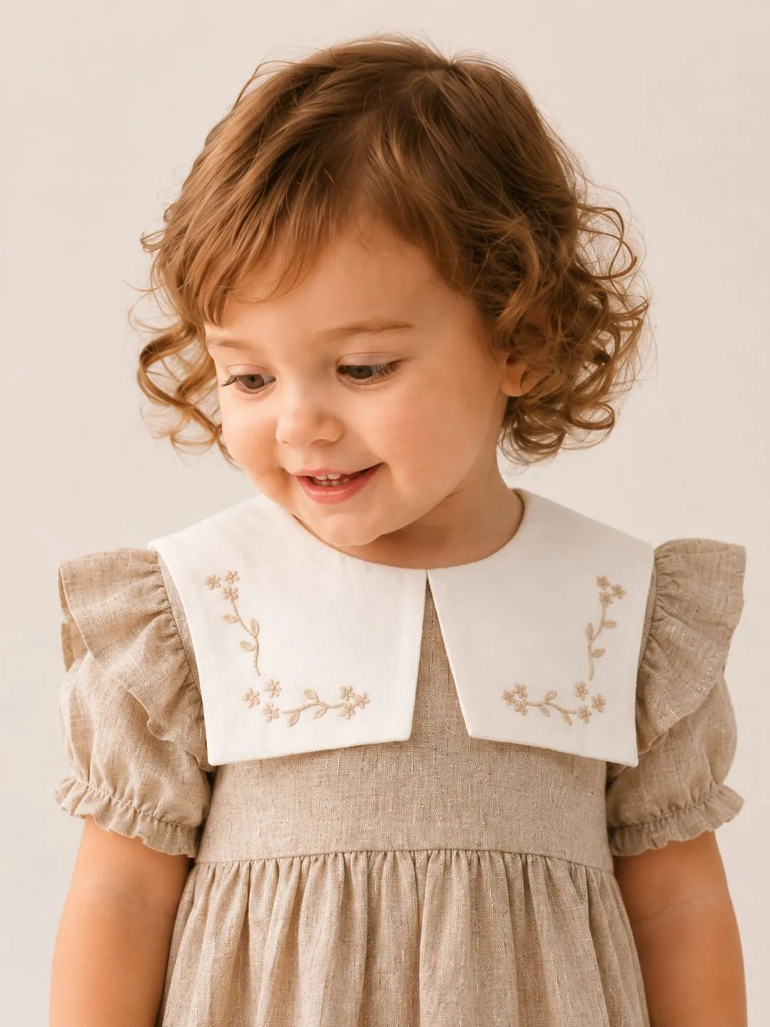 Girls stone linen dress with white embroidered collar and gathered skirt