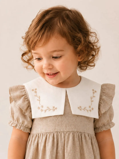 Girls stone linen dress with white embroidered collar and gathered skirt