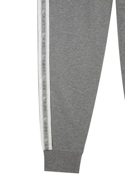 Gray jogger pants cuff with vertical white logo stripe on side