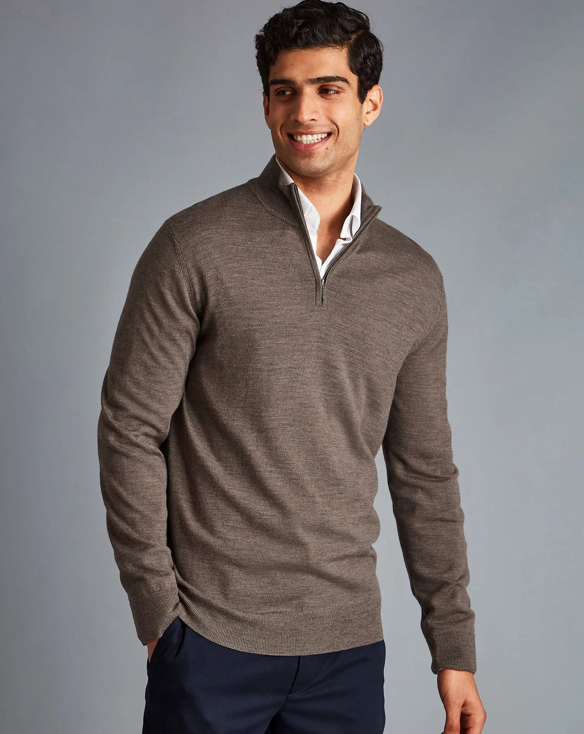 Men's brown quarter-zip knit sweater, long sleeves, with stand collar