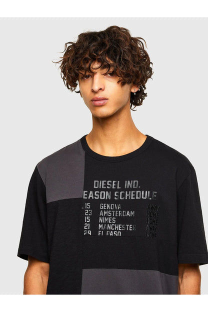Diesel men's black graphic T-shirt, front text print on chest panel