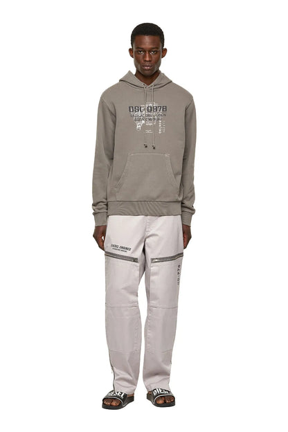 Grey pullover hoodie with front graphic print and drawstring hood, standing view