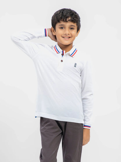 White long-sleeve polo shirt with striped ribbed collar and cuffs, front buttons