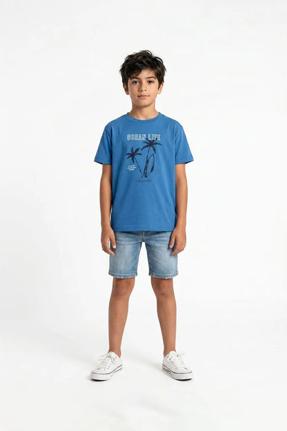Kids' blue Ocean Life graphic T-shirt with denim shorts