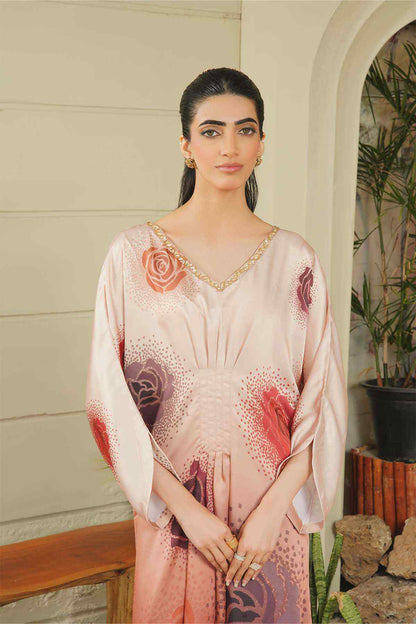 Blush pink V-neck maxi dress with long sleeves and maroon rose and dot print