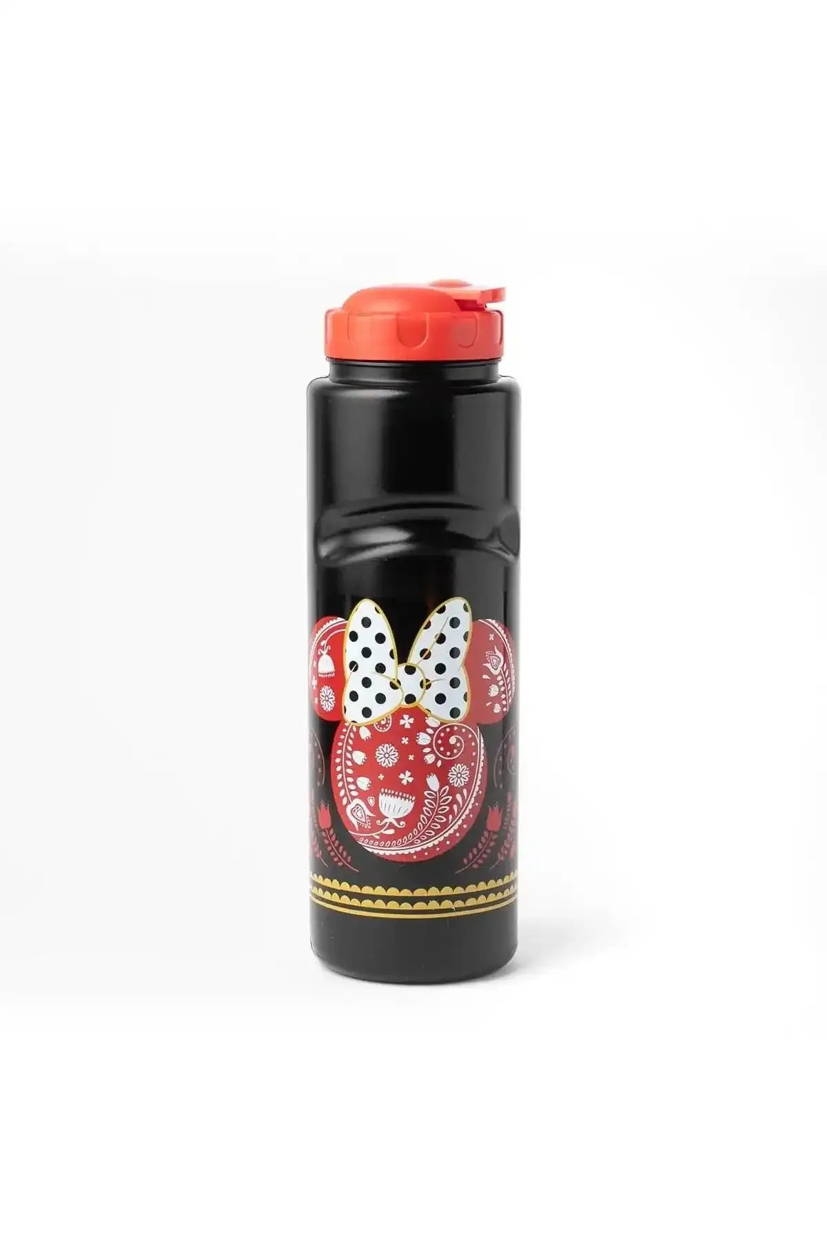 DISNEY character print water bottle with black body and red screw cap