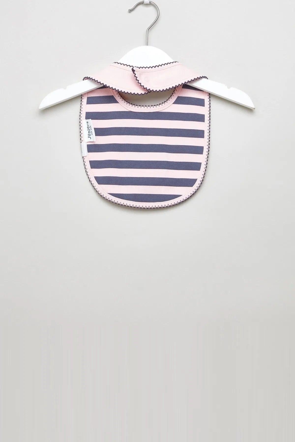Baby bib, navy and white striped with pink scalloped trim